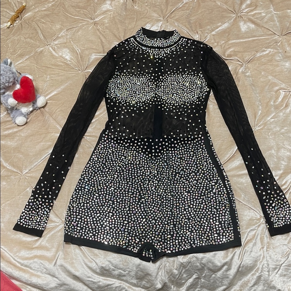 Black fishnet Rhinestone Embellished Long Sleeve Romper (watchale … Too HOTT!)